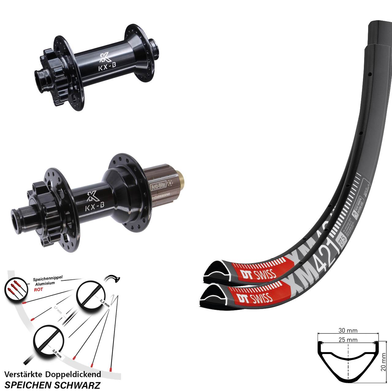 27,5 Zoll DT Swiss XM421 KX-B 6-Loch Laufradsatz 15x110 12x148 8-11 fach HG