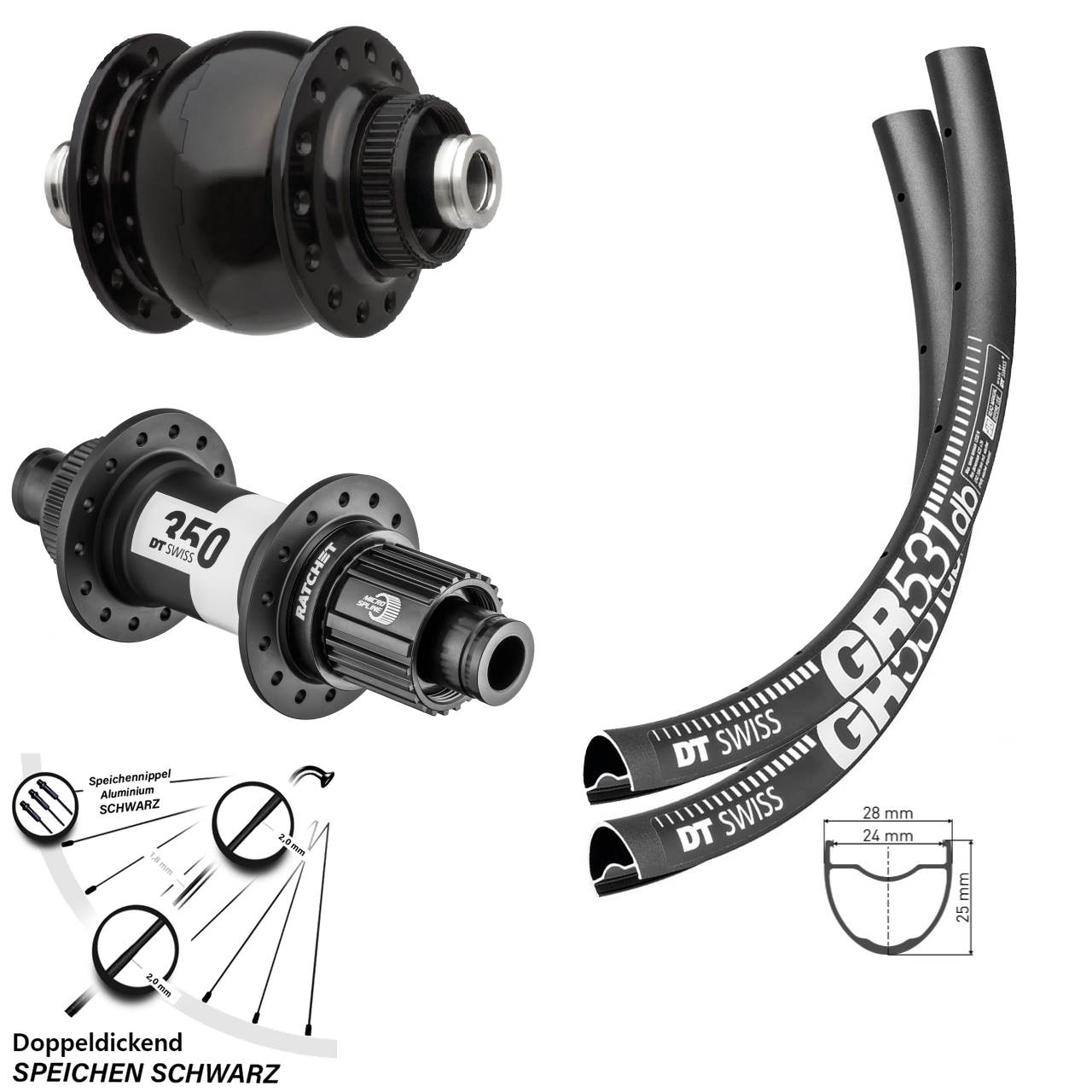 28 Zoll DT Swiss GR531-350 SONdelux Disc Laufradsatz 12x100/142 Micro Spline