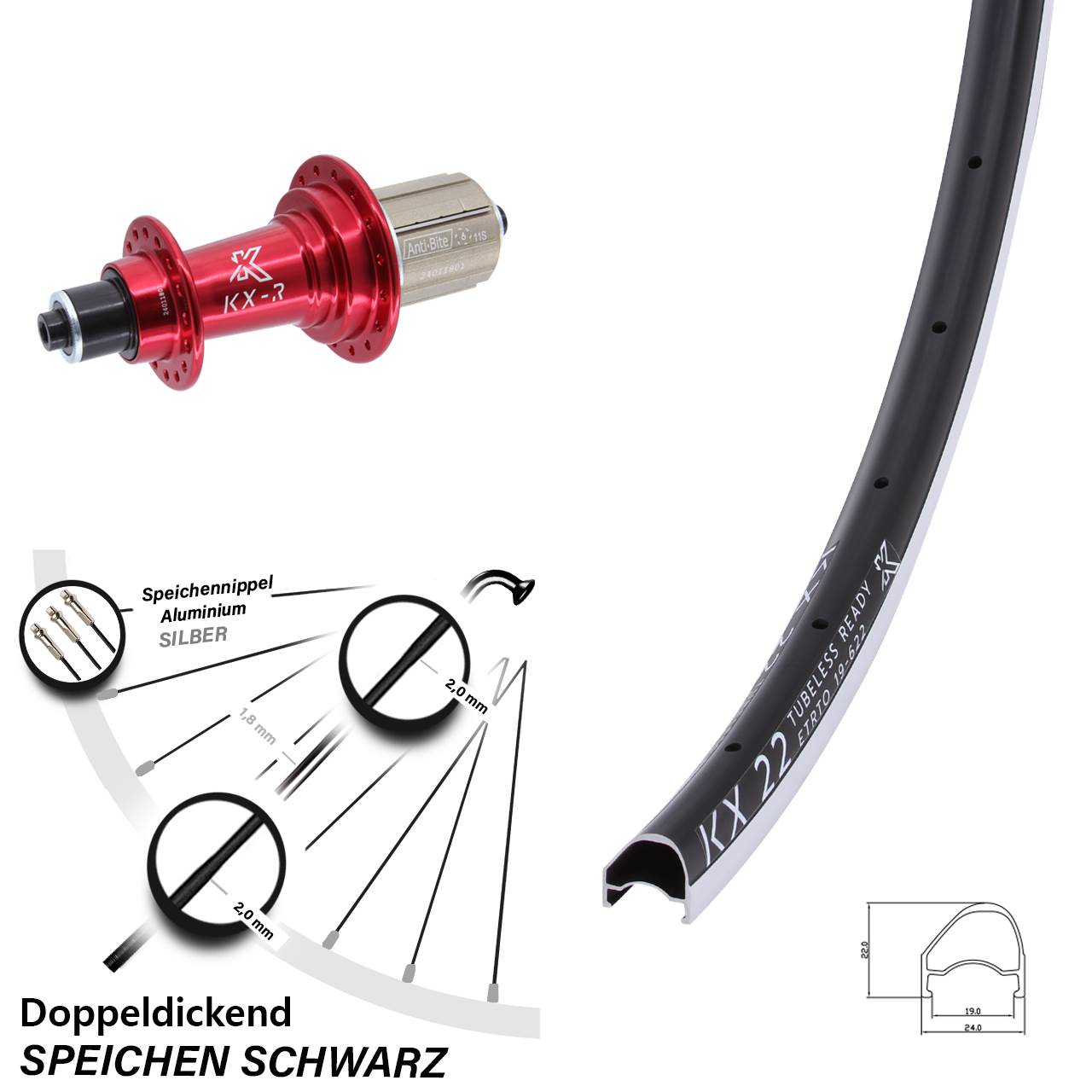 KX-R 22 OS 28 Zoll Laufrad hinten für Schnellspanner 8-12 fach HG