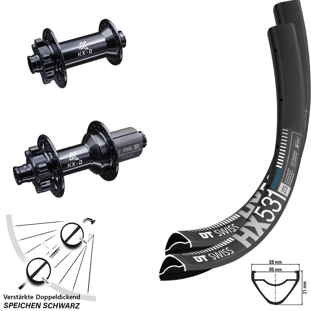 29 Zoll DT Swiss HX531 KX-BS Disc Laufrad-Satz 15x110 12x148 8-12 fach HG