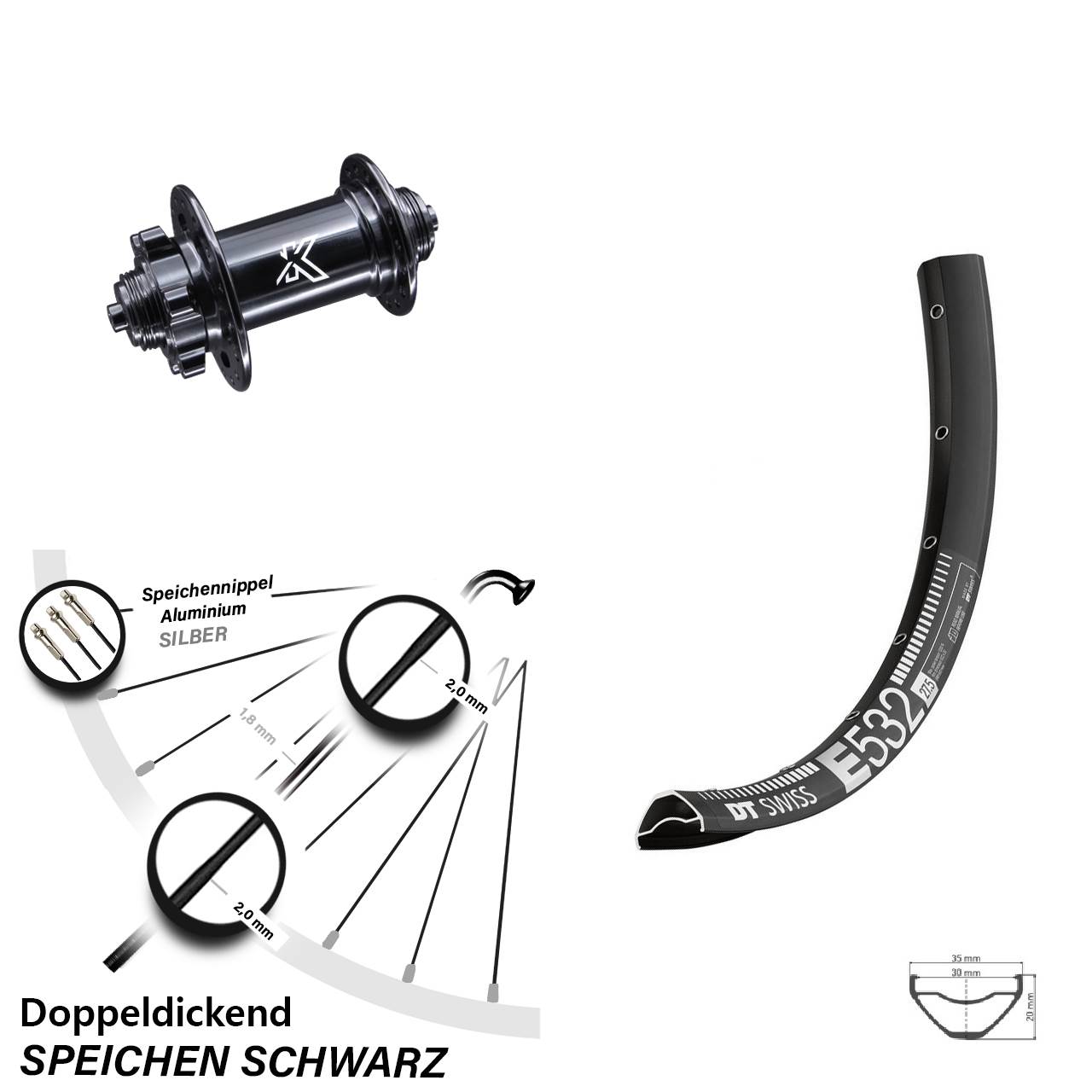 KX-M Nabe 5x100 mm DT Swiss E 532 Vorderrad 29 Zoll für 6-Loch