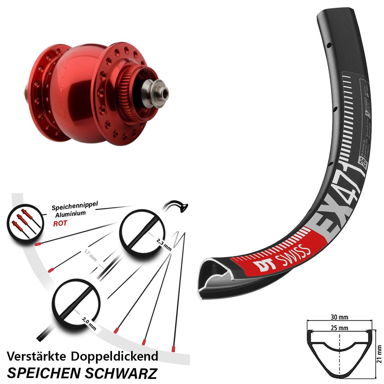 Centerlock Dynamo-Vorderrad für Schnellspanner 26 Zoll DT Swiss EX471 SON delux rot