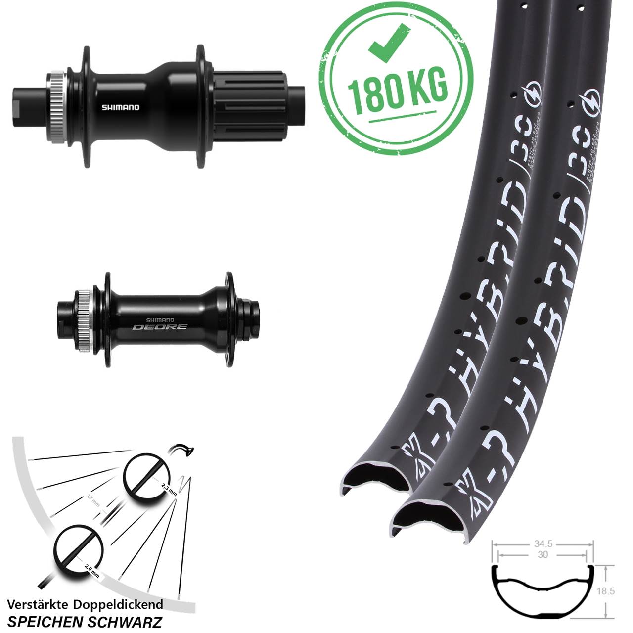 KX-R Hybrid 30 Shimano Deore FH-TC500-B 29 Zoll Laufradsatz Centerlock 15x110 12x148 8