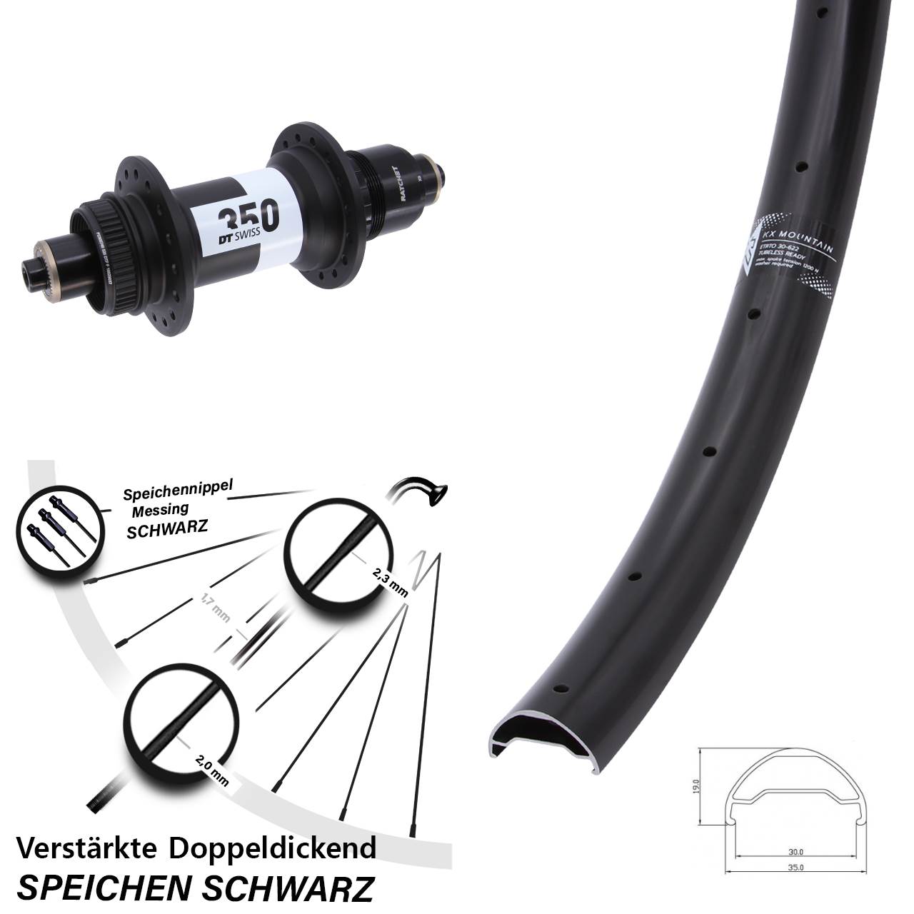 Disc Laufrad 29 Zoll KX Mountain DT Swiss 350 SRAM XD für Schnellspanner Boost