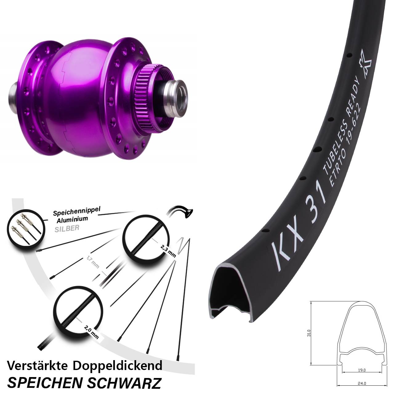 Disc Laufrad mit Nabendynamo 12x100 28 Zoll KX31 SON 28 violett