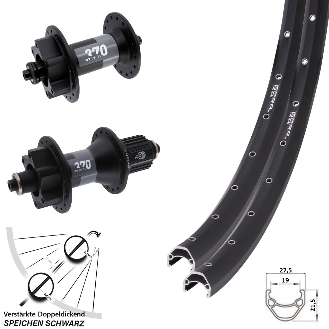 Laufradsatz 6-Loch 26 Zoll Gora 19 DT Swiss 370 Shimano Micro Spline für Schnellspanner