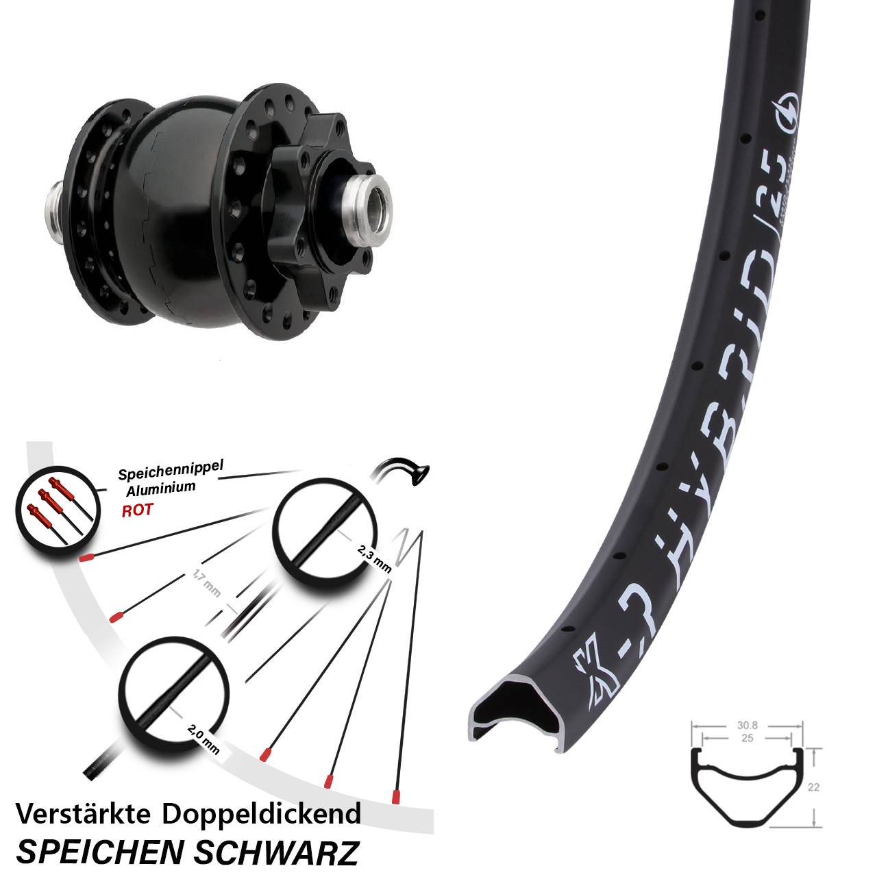 Vorderrad 26 Zoll KX R Hybrid 25 SON 28 12x100 6-Loch schwarz