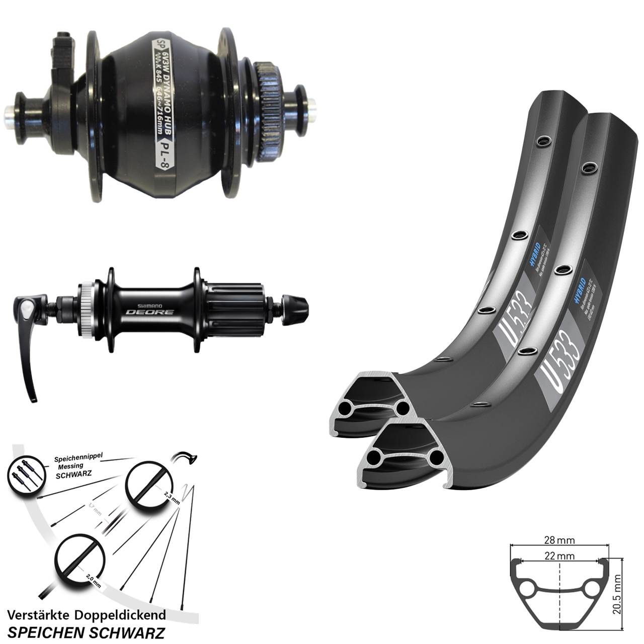 Laufradsatz QR 27,5 Zoll DT Swiss U 533 Shutter PL-8 Shimano Deore 8-11 fach