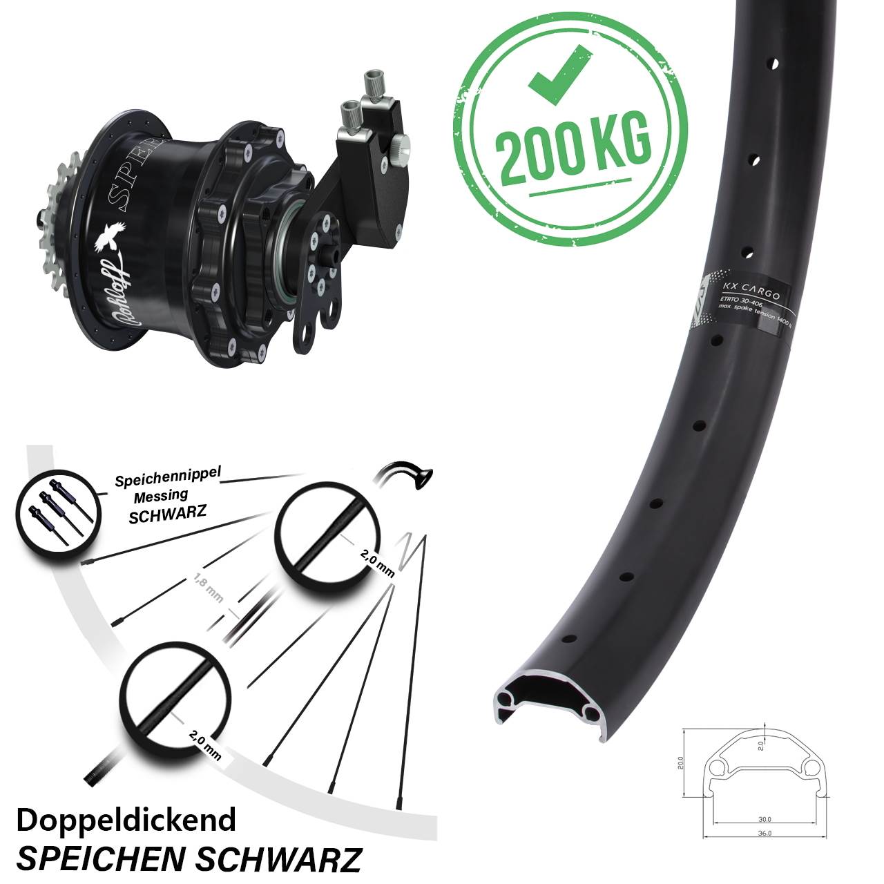 29 Zoll Laufrad KX Cargo TR Rohloff Speedhub 500/14 CC DB Tandem schwarz