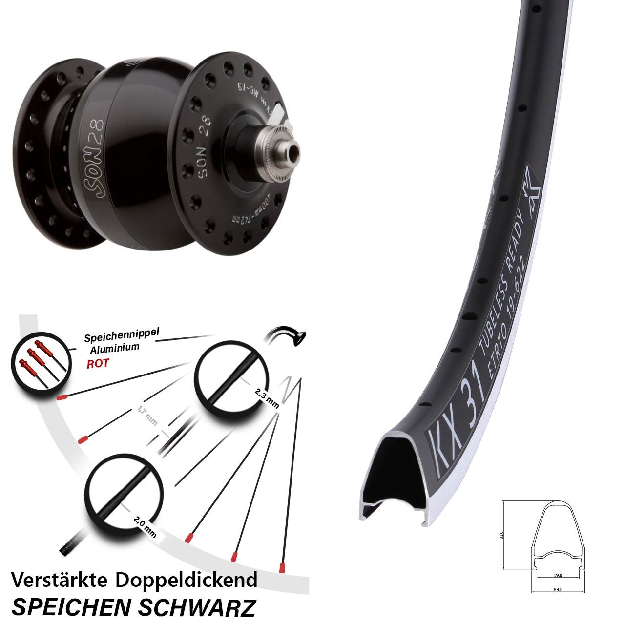 Vorderrad 28 Zoll KX 31 SON 28 Felgenbremse schwarz eloxiert