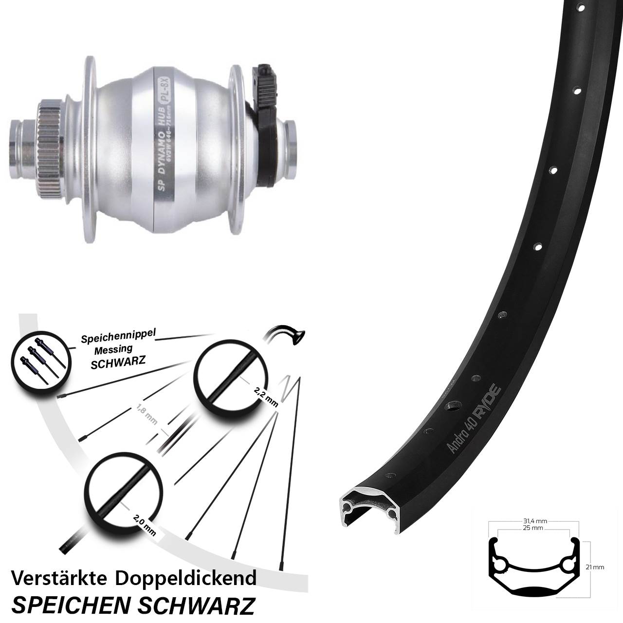 27,5 Zoll Nabendynamolaufrad Ryde Andra 40 Disc Shutter Precision PL-8XM 12x100