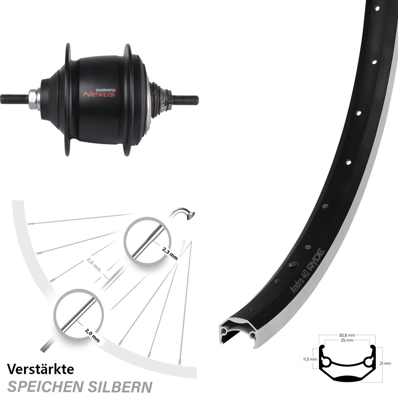26 Zoll Shimano Nexus 8-Gang Premium Ryde Andra 40 Hinterrad