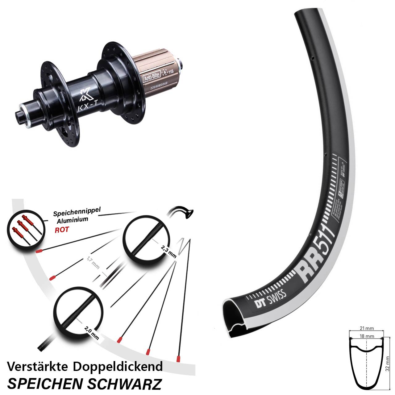 DT Swiss RR 511 KX-T 28 Zoll Hinterrad für Schnellspanner 8-12 fach HG