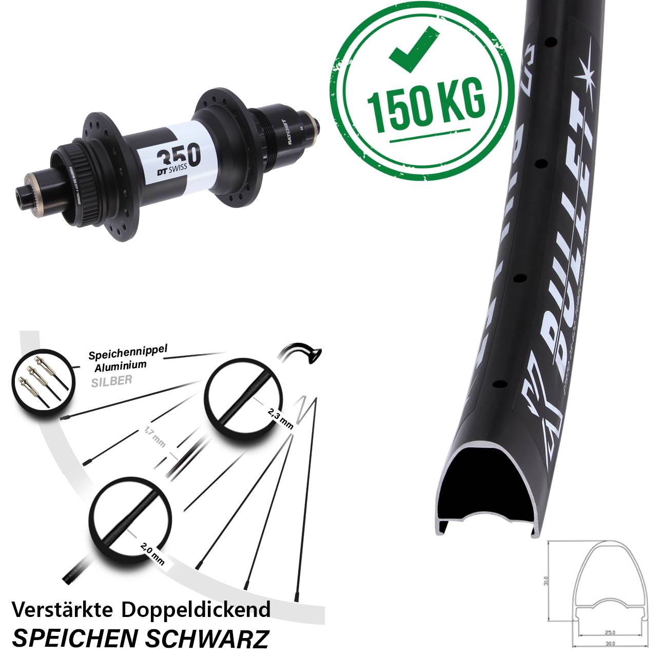 29 Zoll KX Bullet DT Swiss 350 Disc Hinterrad für Schnellspanner XD 11-12 fach
