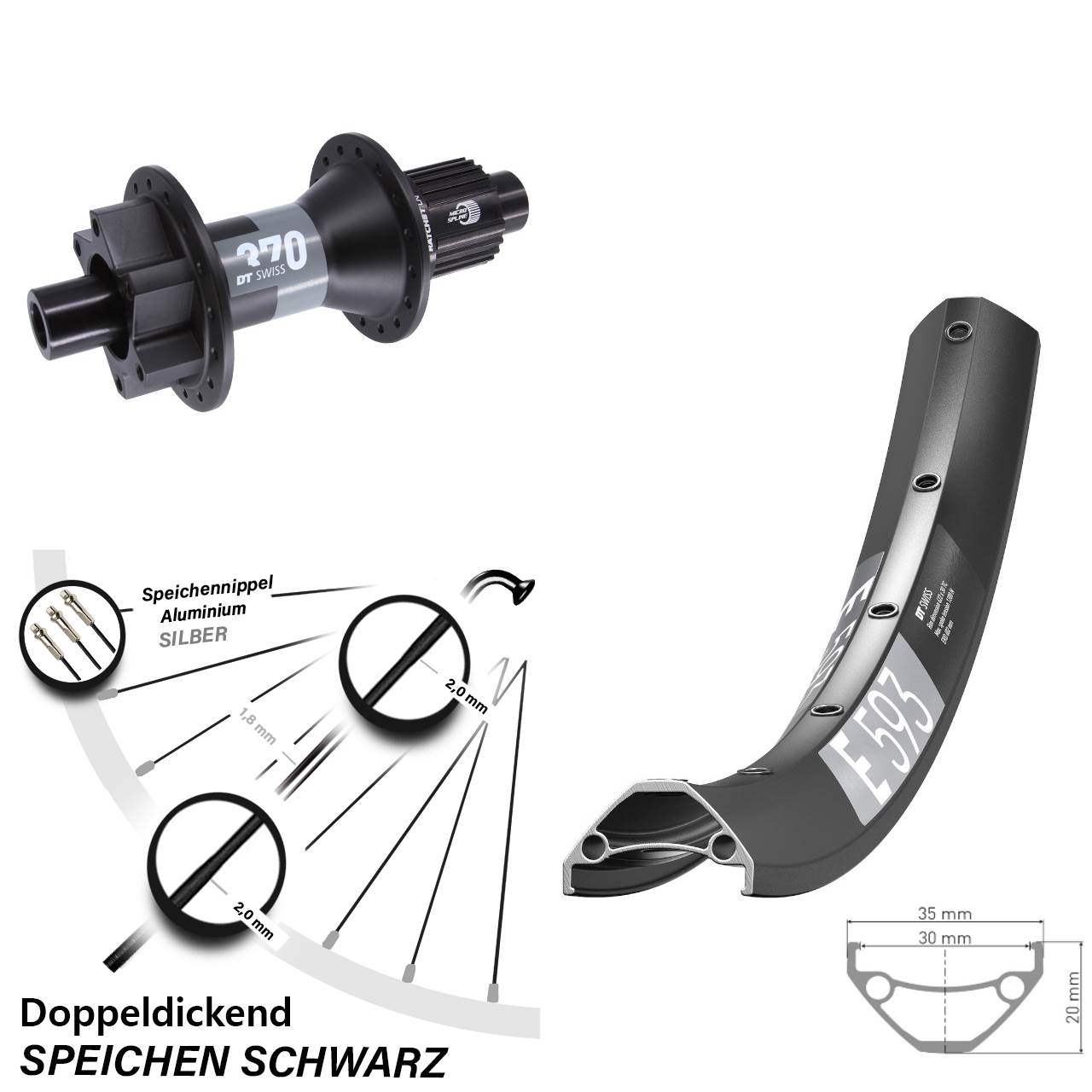 DT Swiss E 593-370 29 Zoll Disc Hinterrad 12x148 Shimano Micro Spline