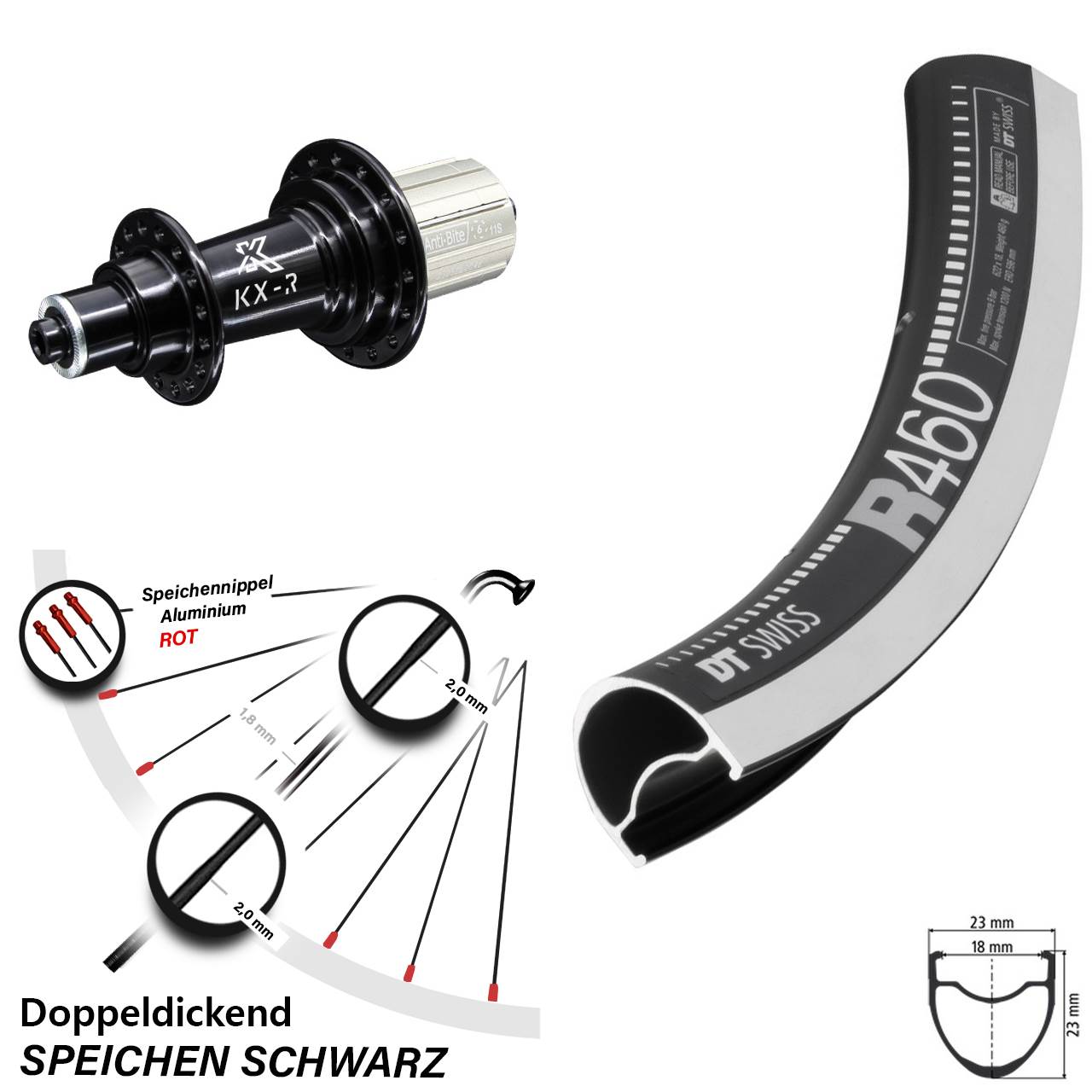 Rennrad 28 Zoll Hinterrad DT Swiss R 460 KX-R 5x130 mm schwarz Felgenbremse HG 8-12 fach