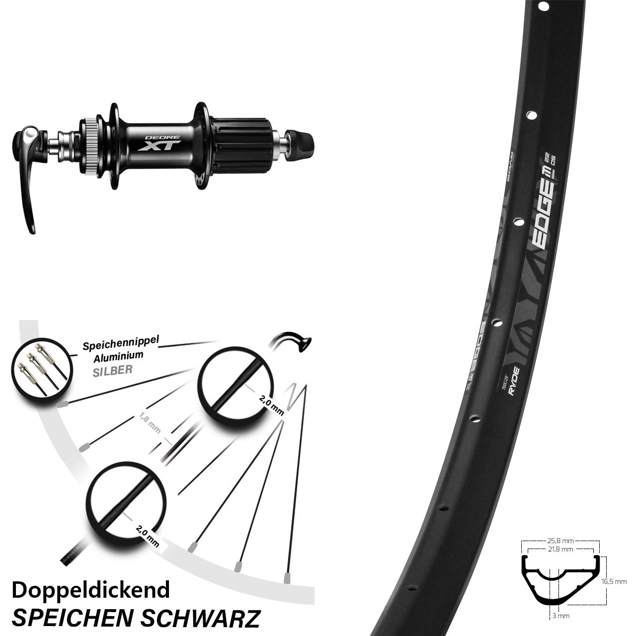 Centerlock Hinterrad QR 28-29 Zoll Ryde Edge M22 Shimano FH-M8000 8-11 fach HG