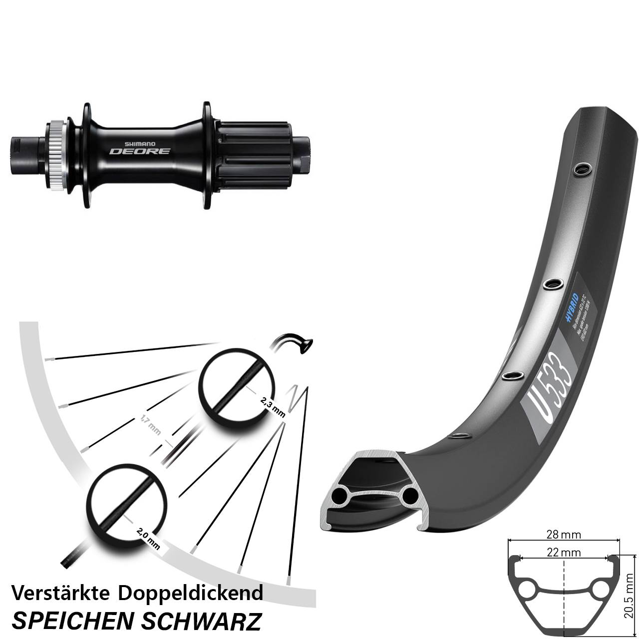 28 Zoll DT Swiss U533 Shimano Deore FH-M6010-B Disc Laufrad 12x148 8-11 fach HG