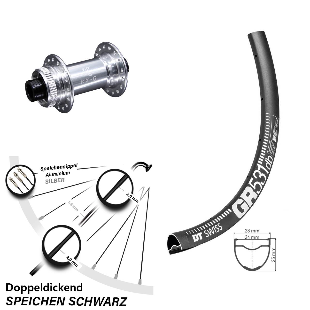 28-29 Zoll Vorderrad KX-G silbern Steckachse 12x100 DT Swiss GR 531 DB Centerlock