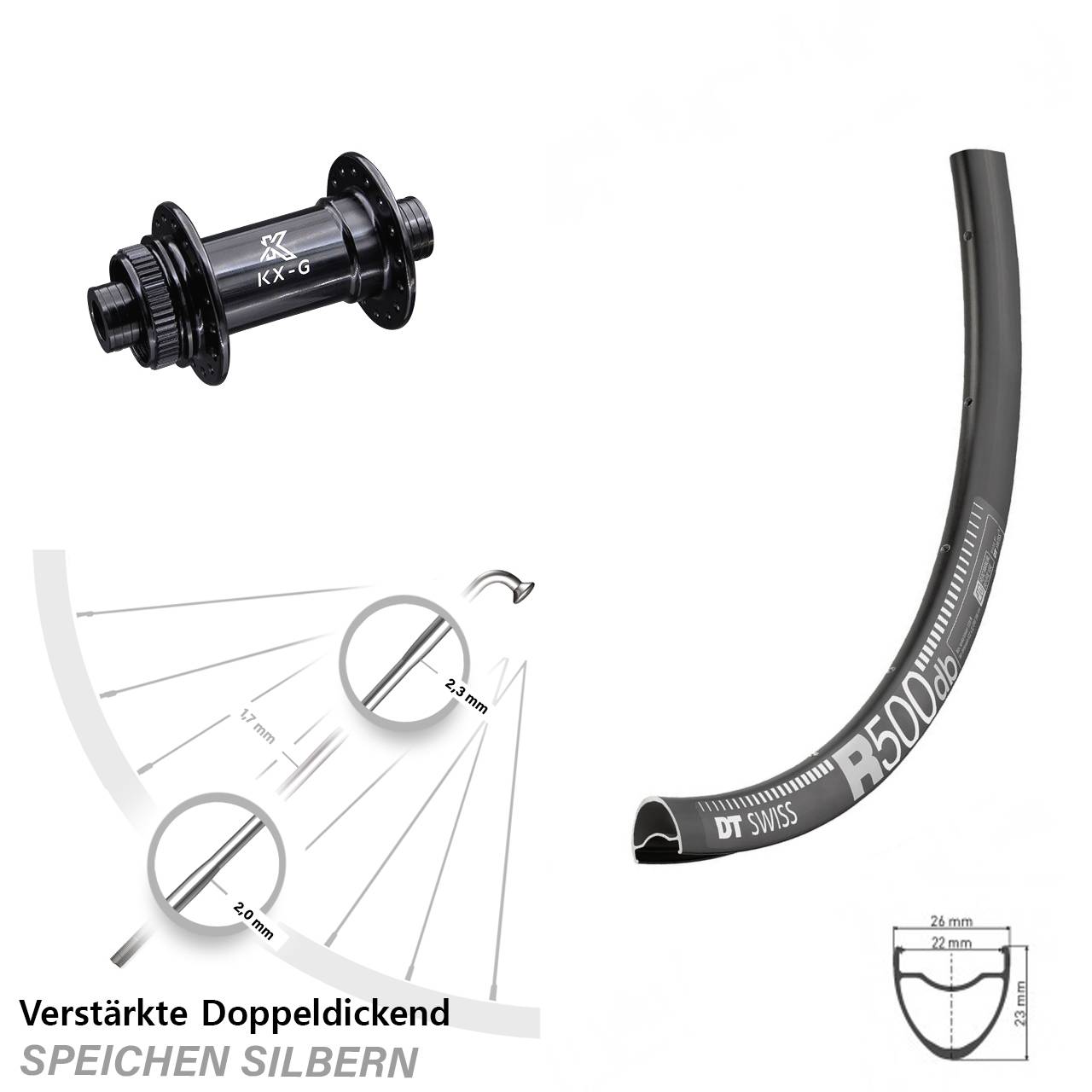 Road Disc DT Swiss R 500 Vorderrad 28 Zoll verstärkt mit KX-G Nabe 15x100 mm Centerlock