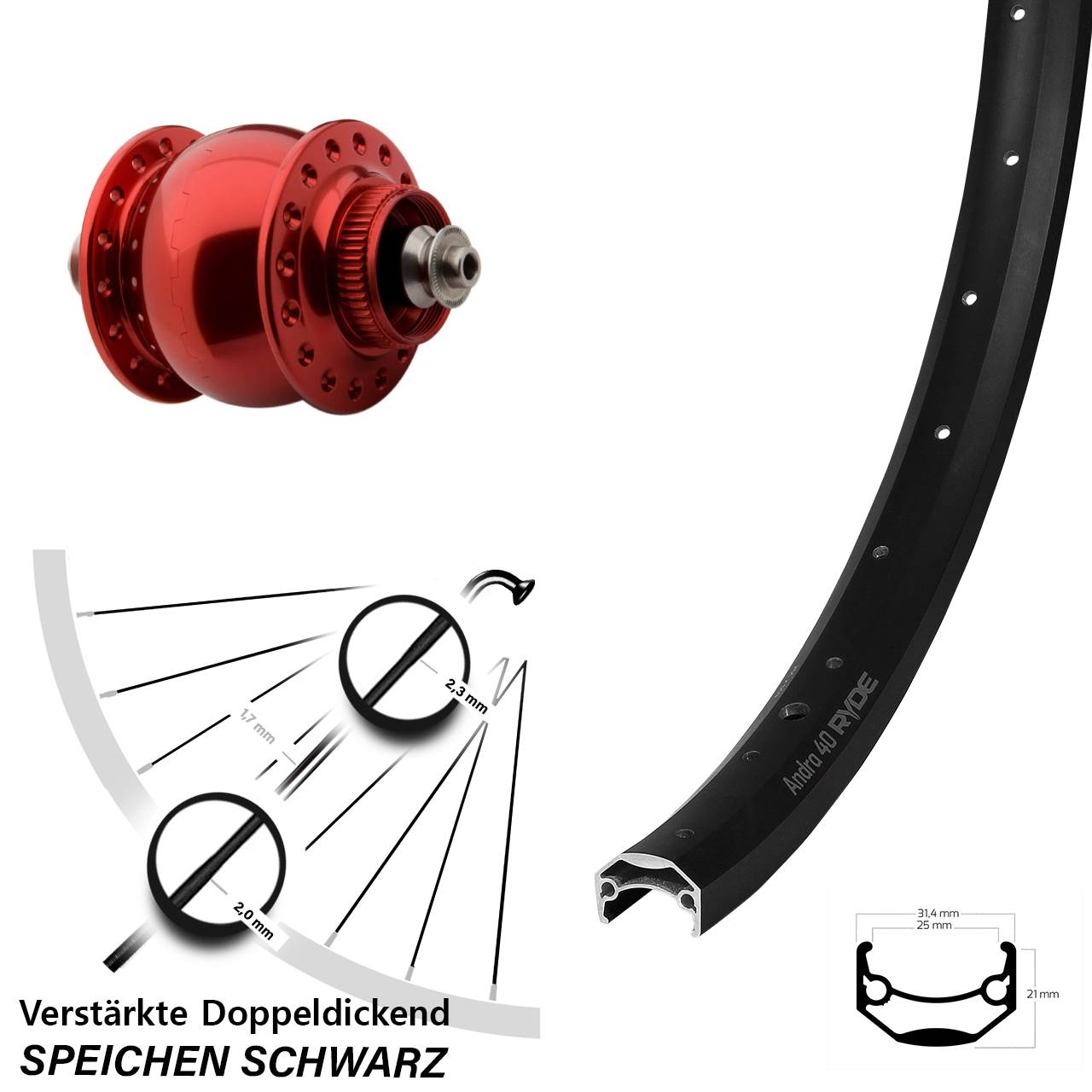 29 Zoll Ryde Andra 40 SON 28 rot Disc Nabendynamolaufrad für Schnellspanner