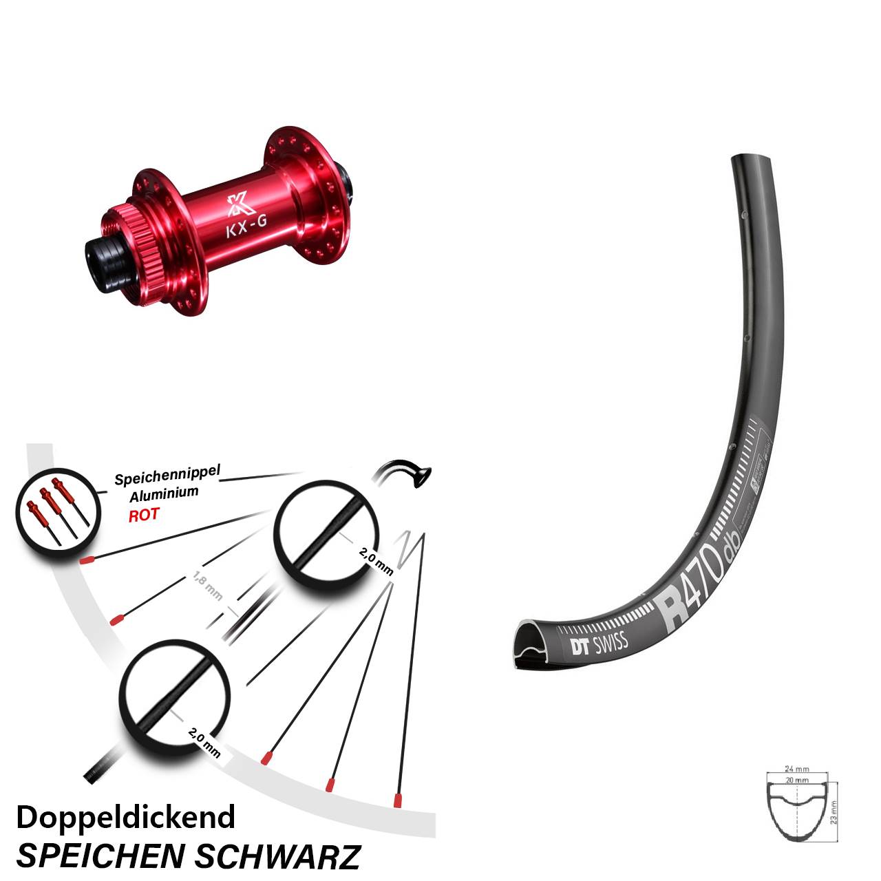 DT Swiss R 470 DB Vorderrad 28 Zoll mit KX-G Nabe rot-eloxiert Steckachse