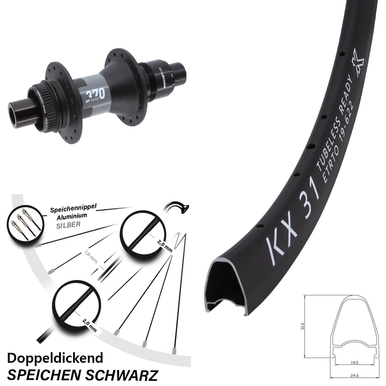 KX 31 DT Swiss 370 XDR 28 Zoll Centerlock Hinterrad 12x142