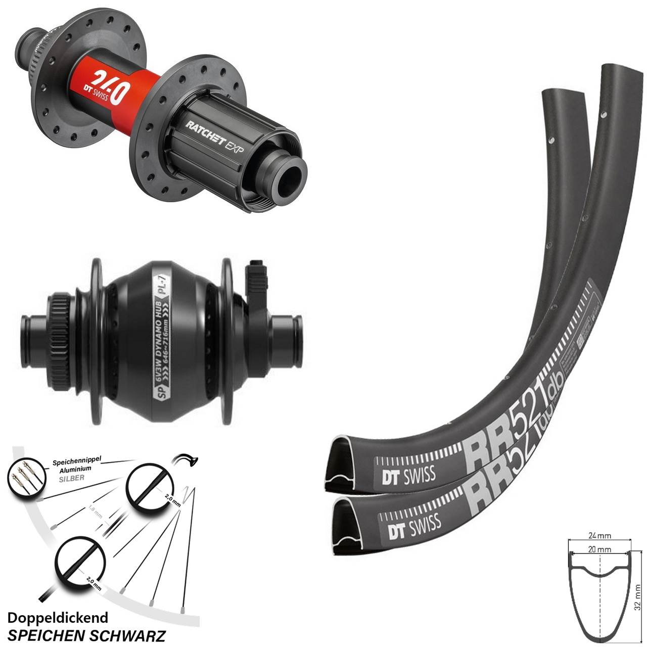 28 Zoll DT Swiss RR 521-240 EXP Shutter PL-7 Laufradsatz 12x100/142 11-12 fach HG