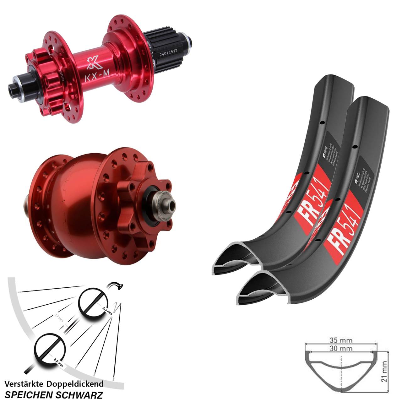 Laufradsatz 6-Loch QR 27,5 Zoll DT Swiss FR 541 KX-M rot SON 28 Shimano Micro Spline