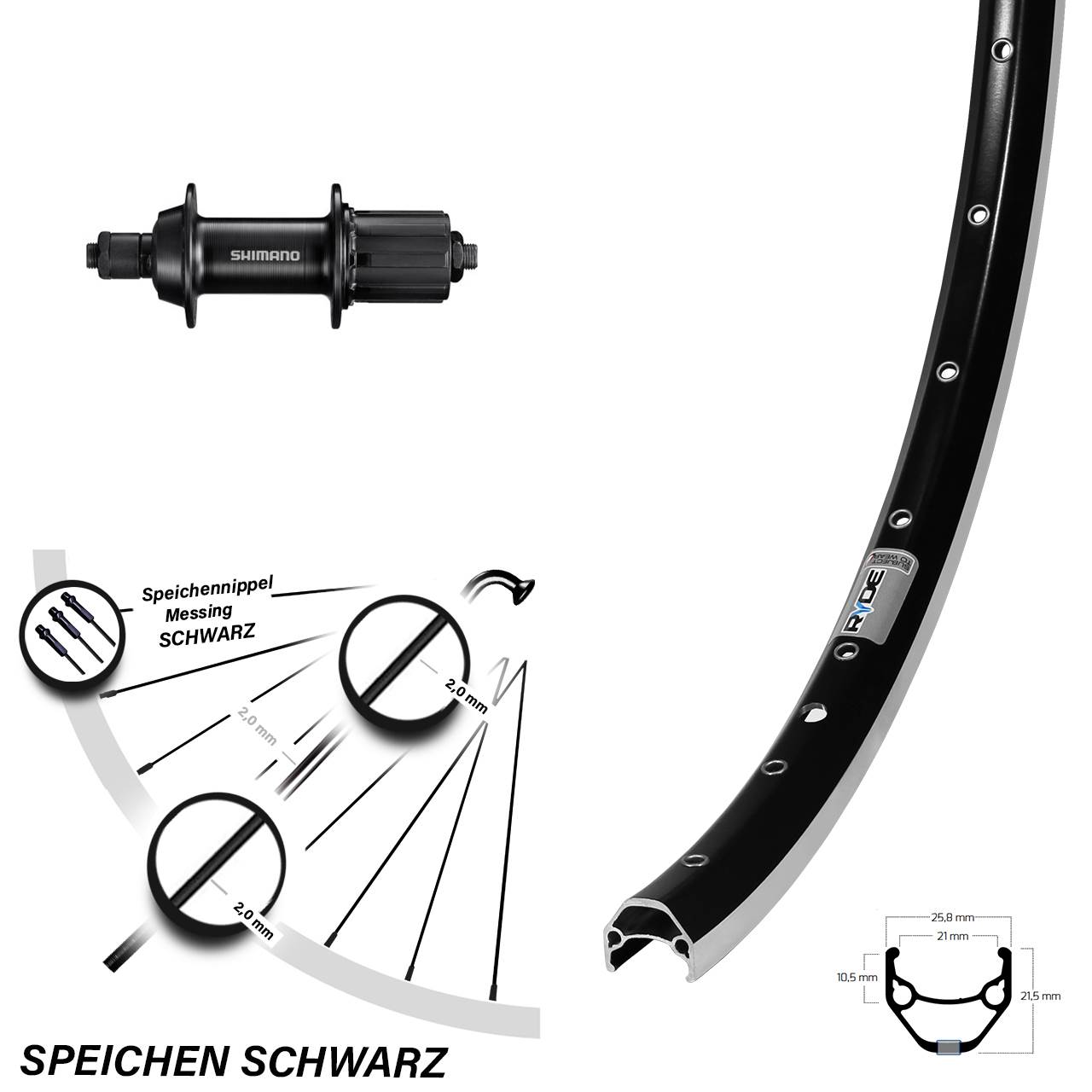Laufrad 26 Zoll Ryde ZAC 421 schwarz Shimano FH-TY500 2,0mm 7 fach