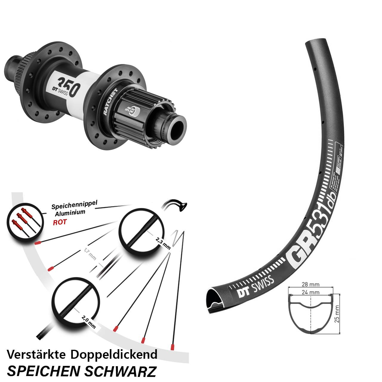28 Zoll DT Swiss GR531-350 Disc Hinterrad 12x142 Shimano Micro Spline