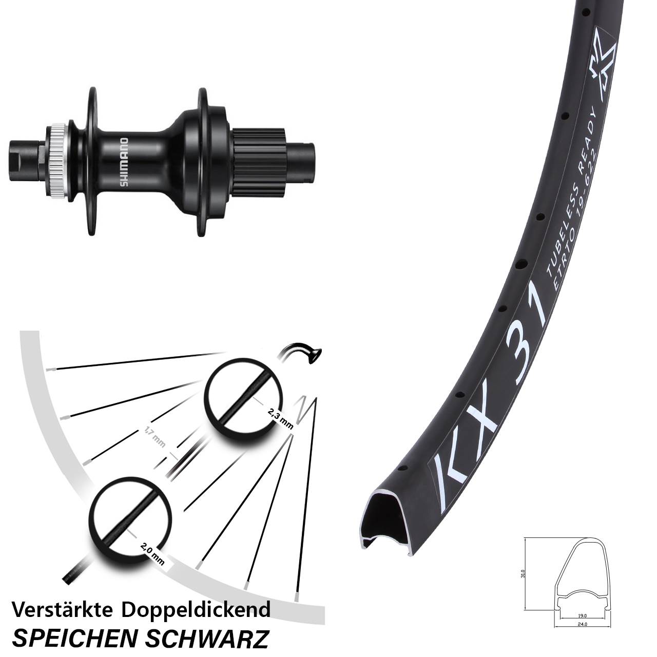 KX 31 Shimano FH-MT510 28 Zoll Hinterrad Centerlock 12x142 Micro Spline