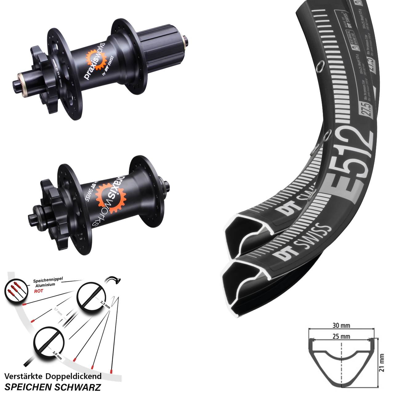 27,5 Zoll DT Swiss E 512 350 6-Loch QR Disc Laufradsatz 8-11 fach