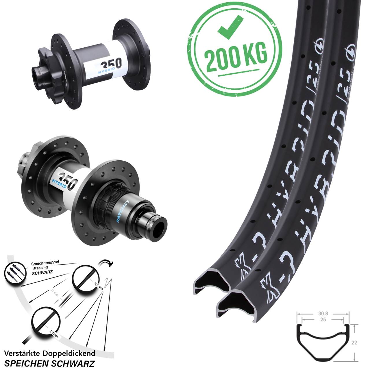 28 Zoll KX-R Hybrid 25 DT Swiss 350 Hybrid Boost Laufradsatz 6-Loch 15x110 12x148 Boost XD