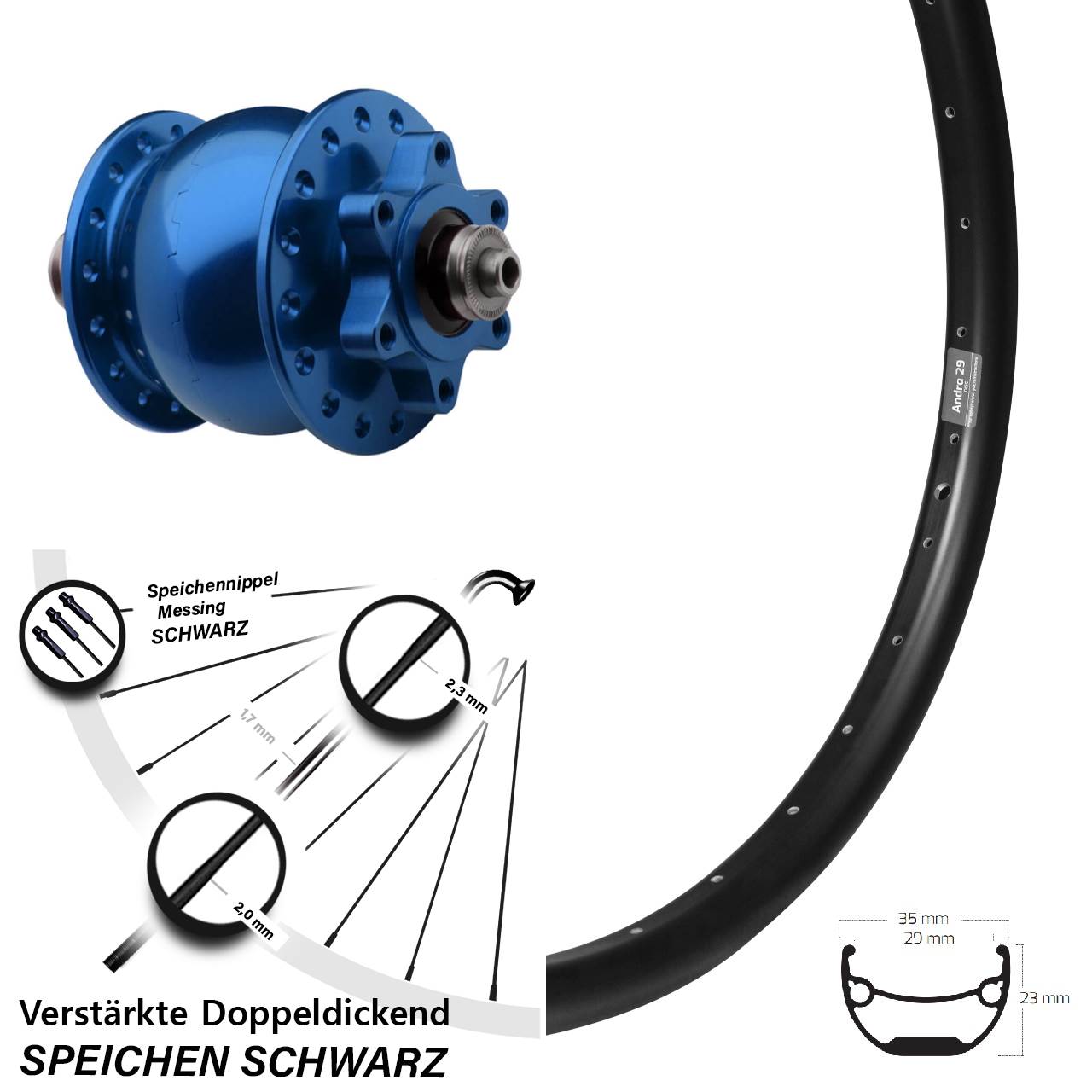 Vorderrad Ryde Andra 29 Zoll SON 28 6-Loch blau QR