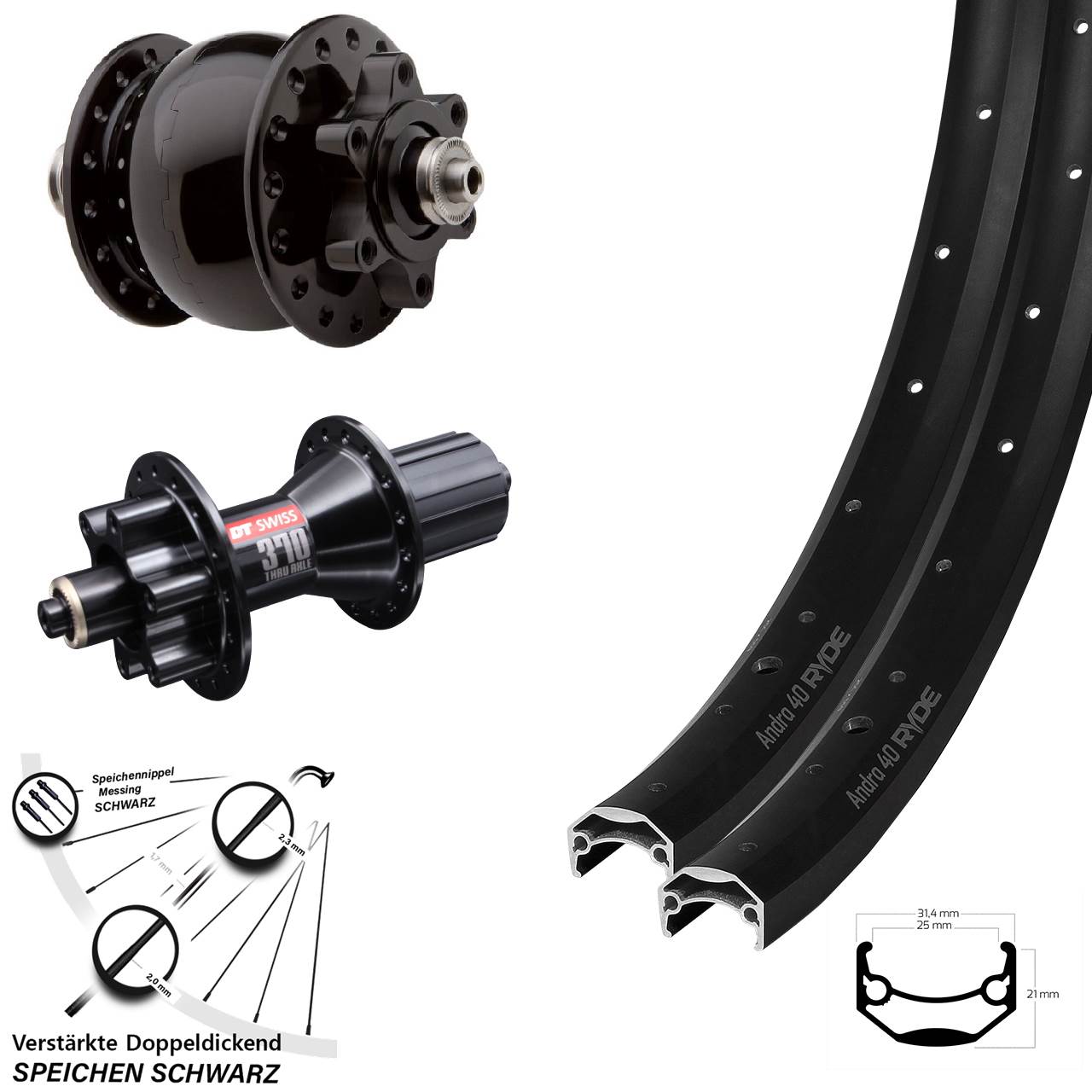Disc Laufradsatz 27,5 Zoll Ryde Andra 40 DT Swiss 370 Hybrid SON 28 8-11 fach QR