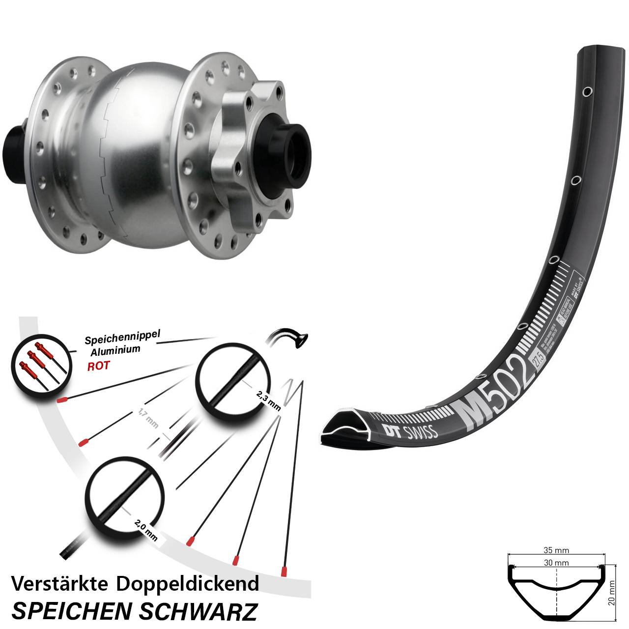 Disc Laufrad mit Nabendynamo 29 Zoll DT Swiss M502 SON 28 15x110 Boost