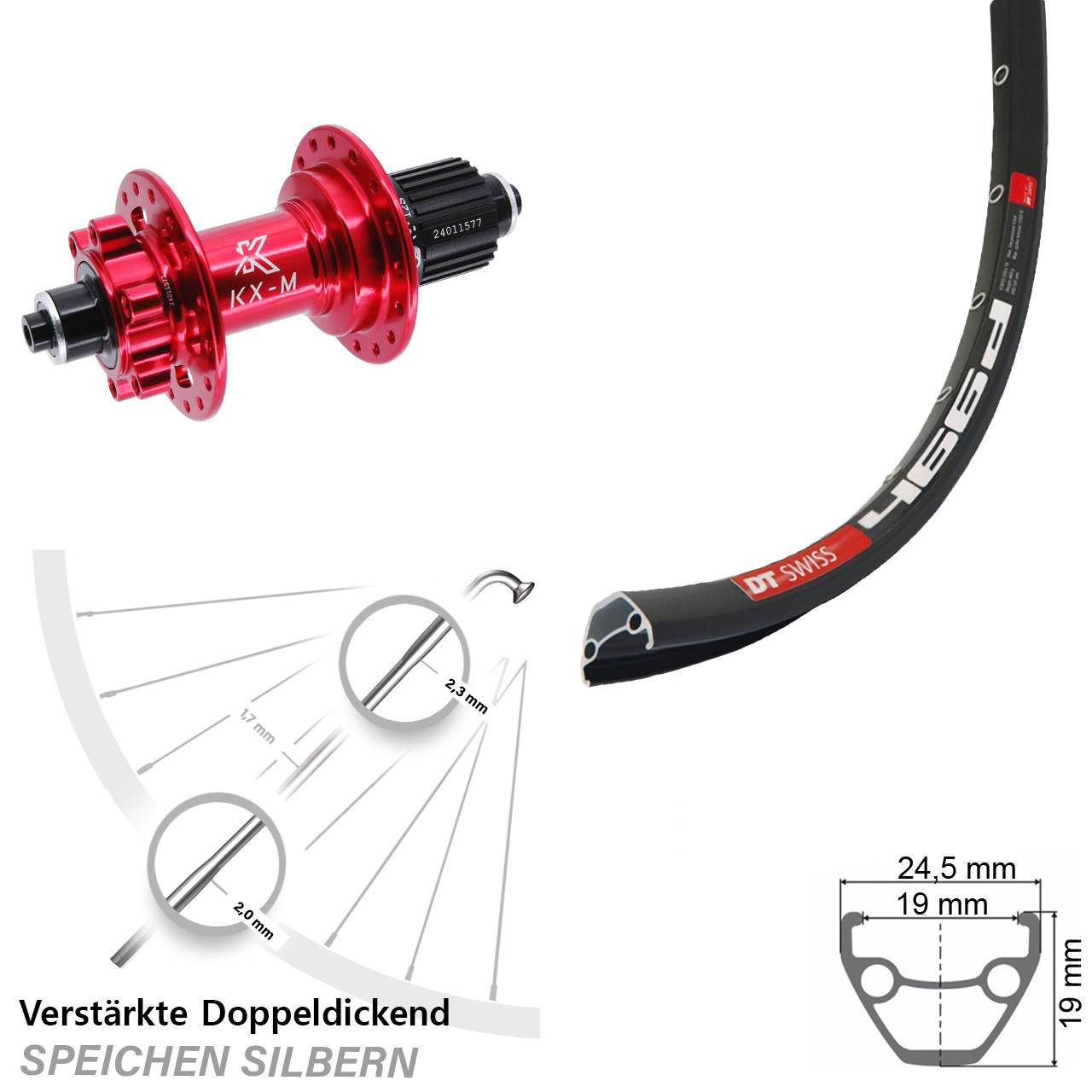 29 Zoll DT Swiss 466d KX-M rot 6-Loch Hinterrad für Schnellspanner Shimano Micro Spline