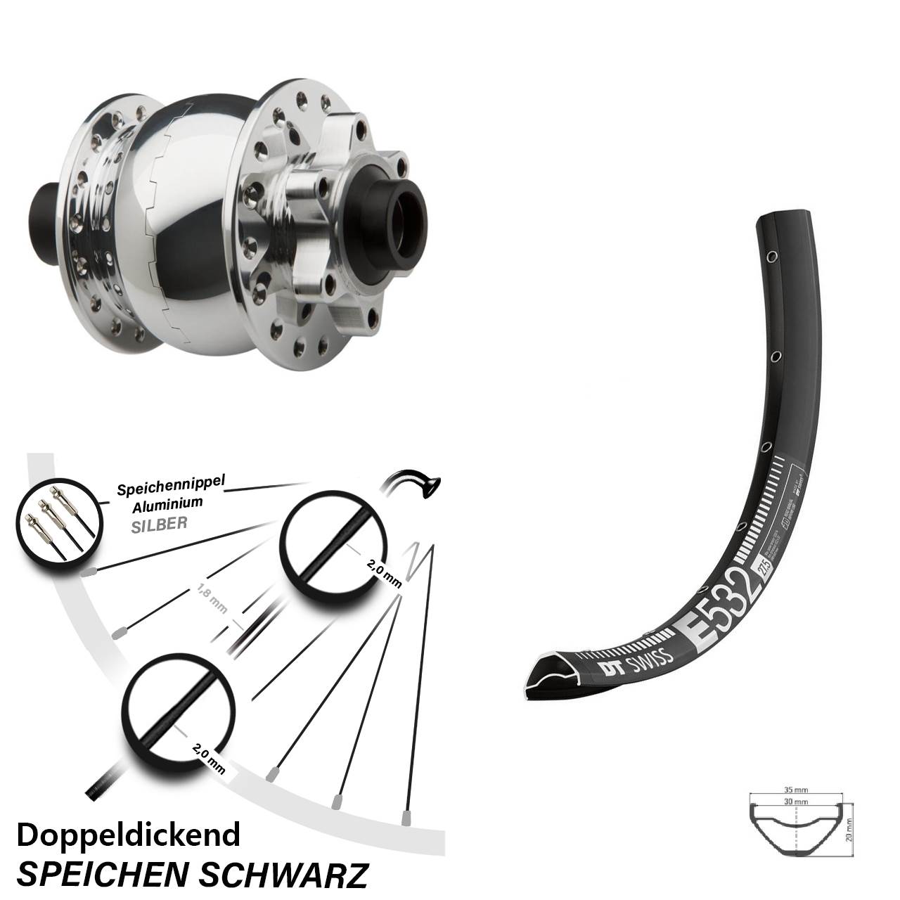 Nabendynamovorderrad 6-Loch 27,5 Zoll DT Swiss E 532 SON 28 poliert 15x100