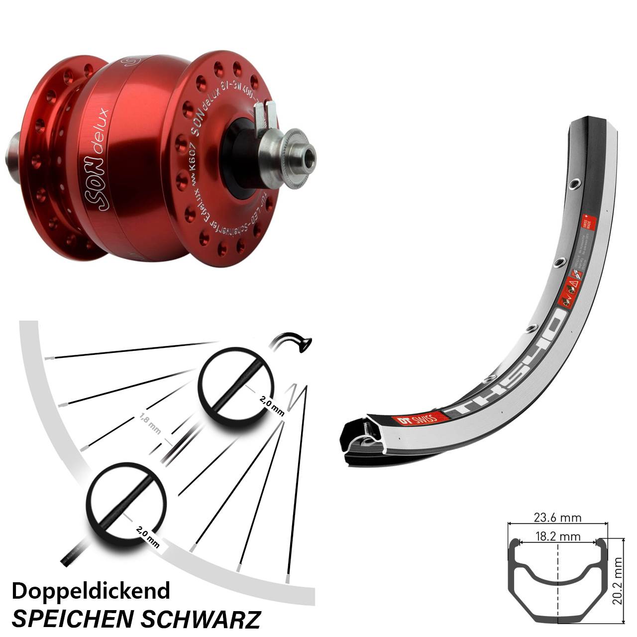 28 Zoll Nabendynamo Vorderrad DT Swiss TK 540 Son delux Felgenbremse rot