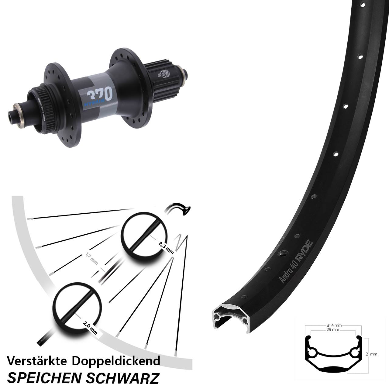 Hinterrad Disc 27,5 Zoll Ryde Andra 40 DT Swiss 370 Hybrid Micro Spline QR Boost