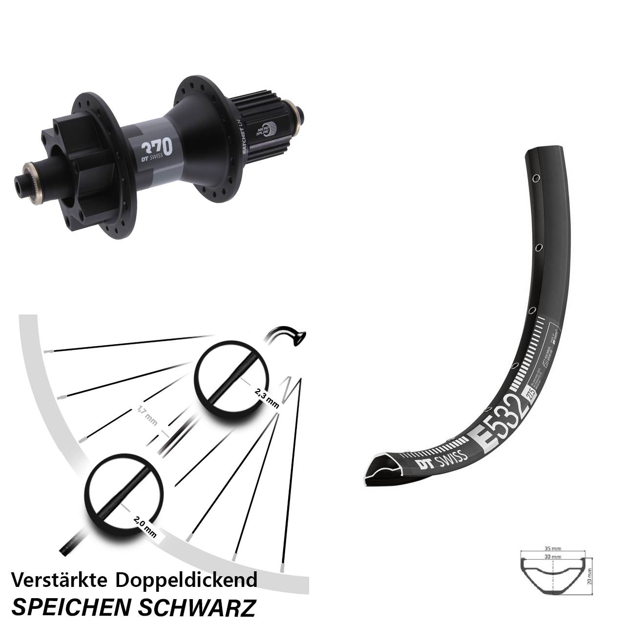 29 Zoll DT Swiss E 532-370 Hybrid Hinterrad 6-Loch Disc QR Shimano Micro Spline