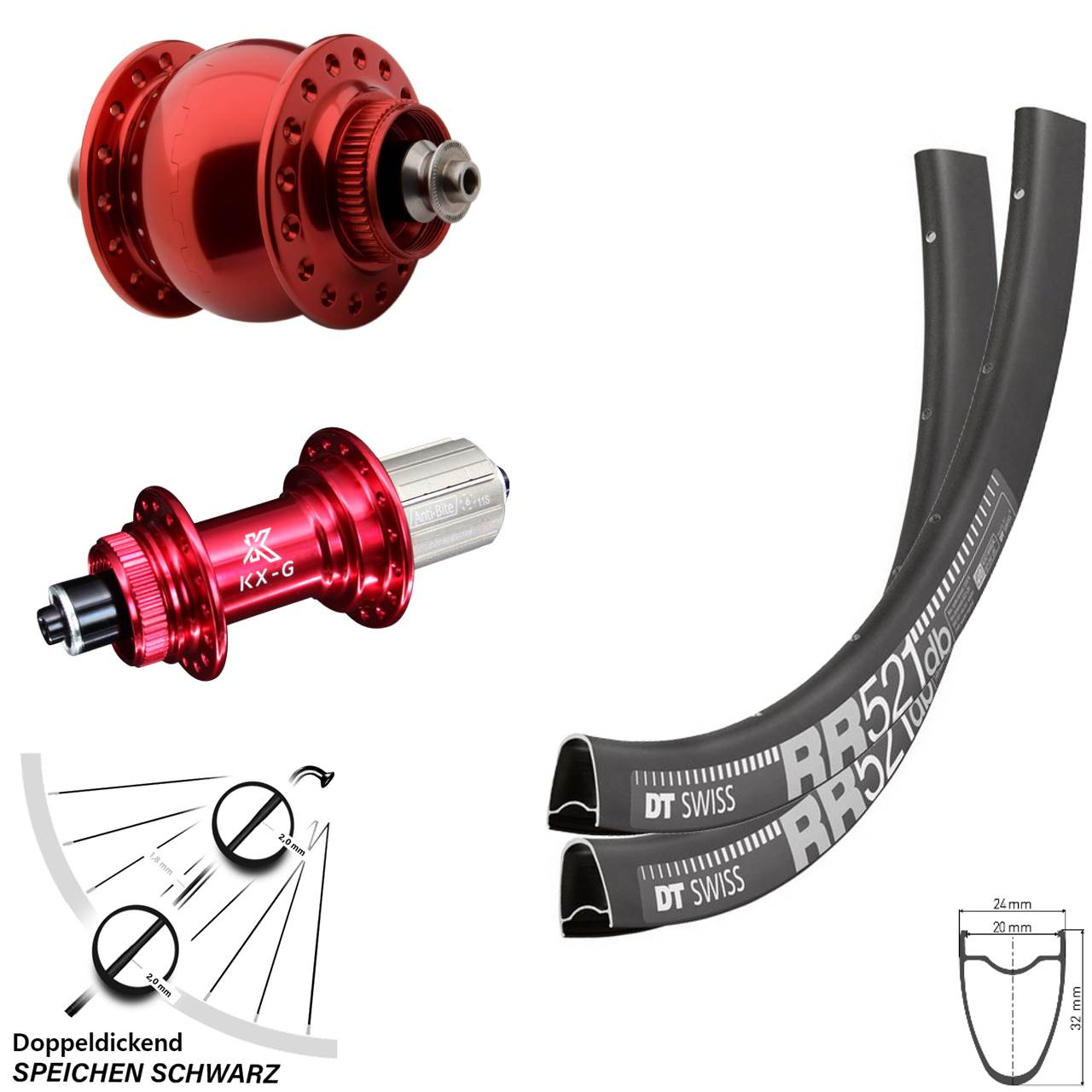 Laufrad-Satz 28 Zoll DT Swiss RR521 KX-G rot SONdelux 8-12 fach für Schnellspanner