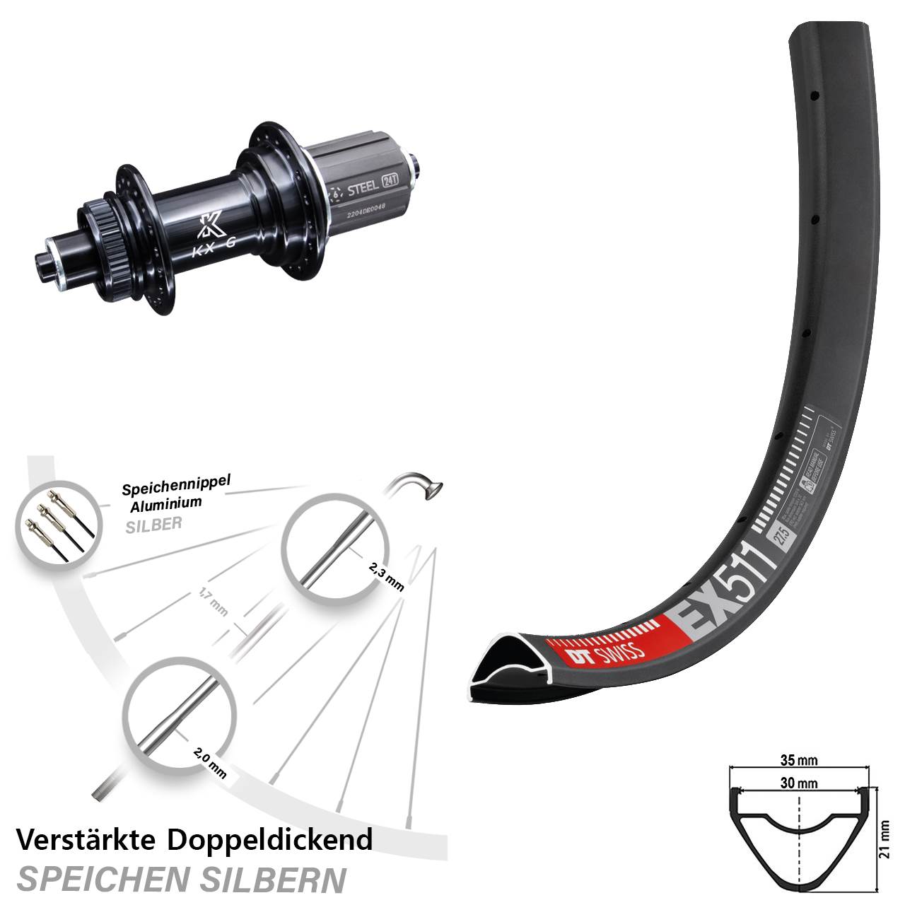 Centerlock Hinterrad QR 29 Zoll DT Swiss EX 511 KX-GS verstärkt 8-12 fach