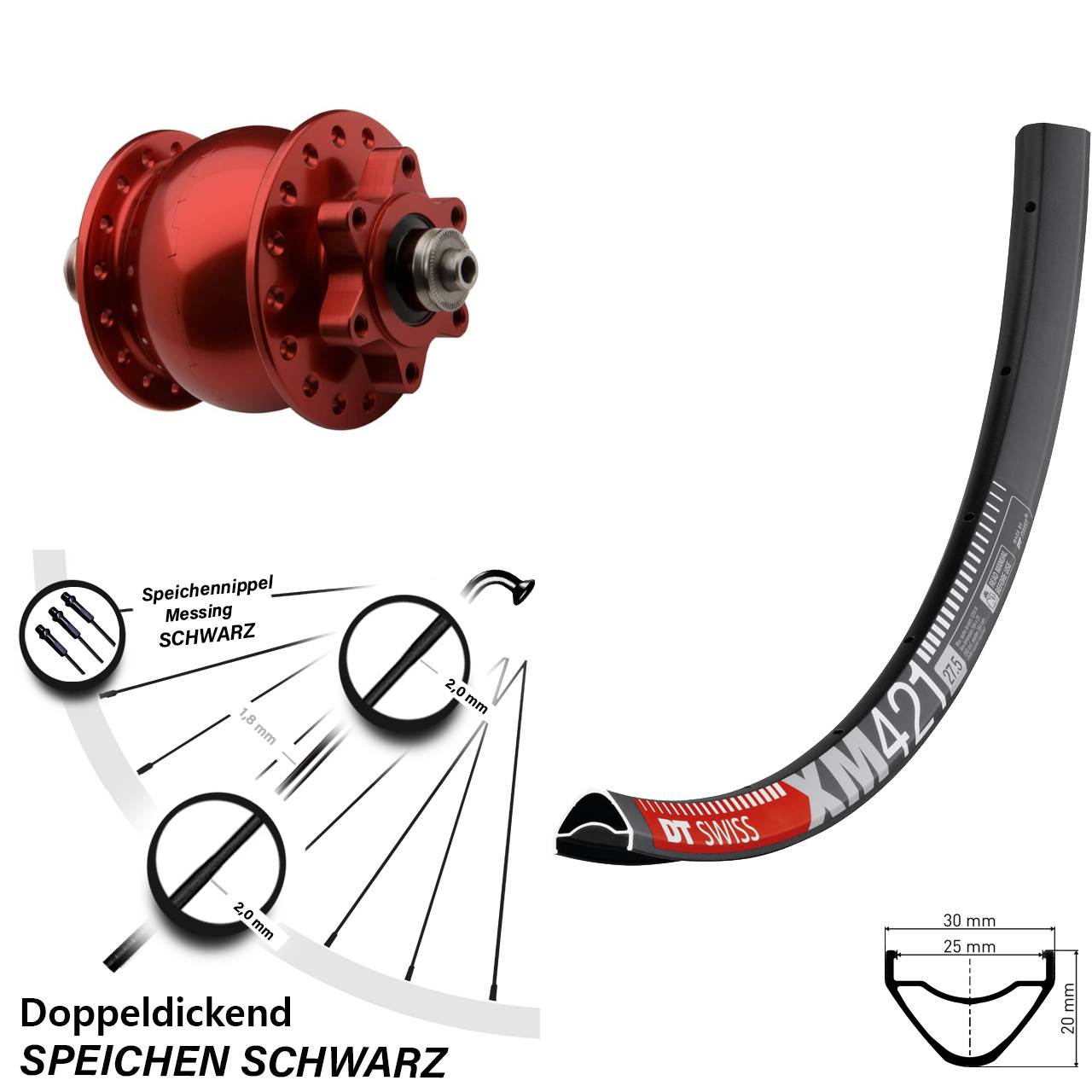 27,5 Zoll DT Swiss XM 421 SON 28 rot Dynamo-Vorderrad 6-Loch QR