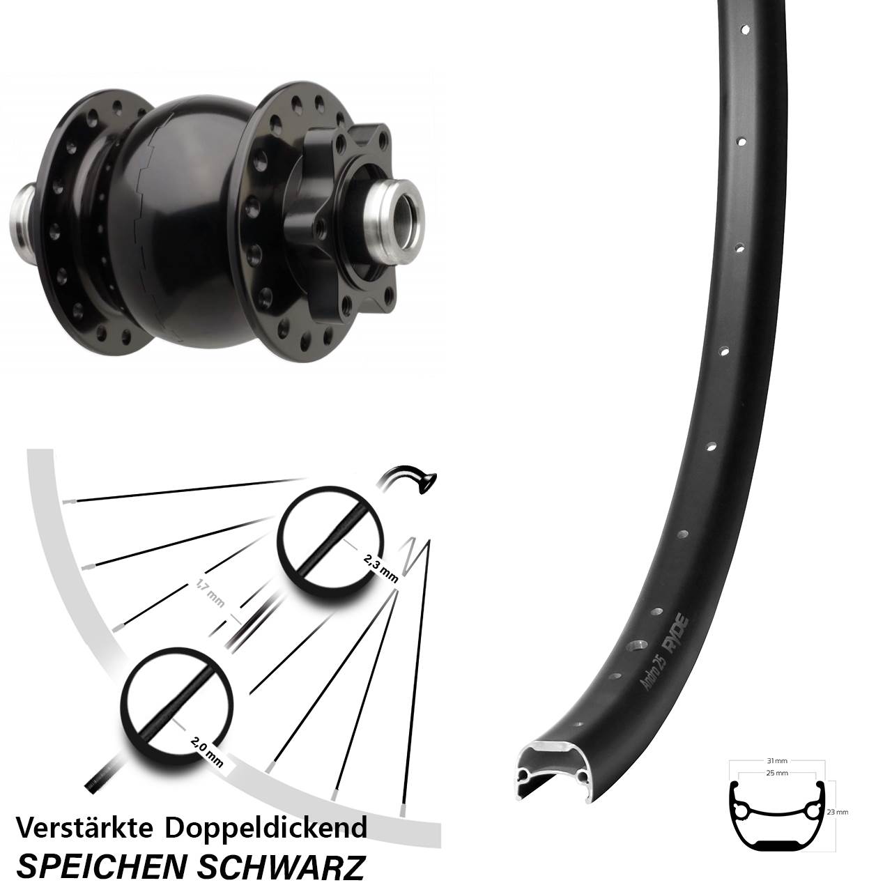 SON 28 Ryde Andra 25 28-29 Zoll Disc Vorderrad mit Nabendynamo 12x110 Boost