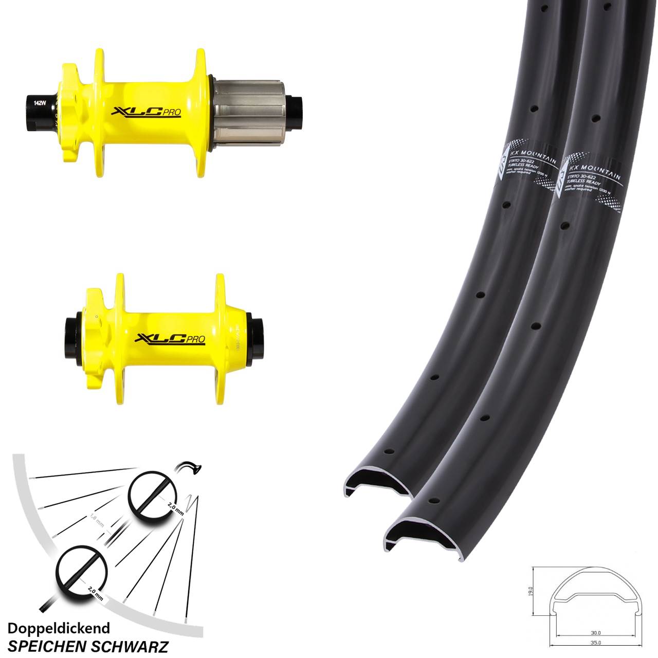 29 Zoll Laufradsatz KX Mountain 30-622 leicht und breit XLC Pro Nabe gelb Steckachse