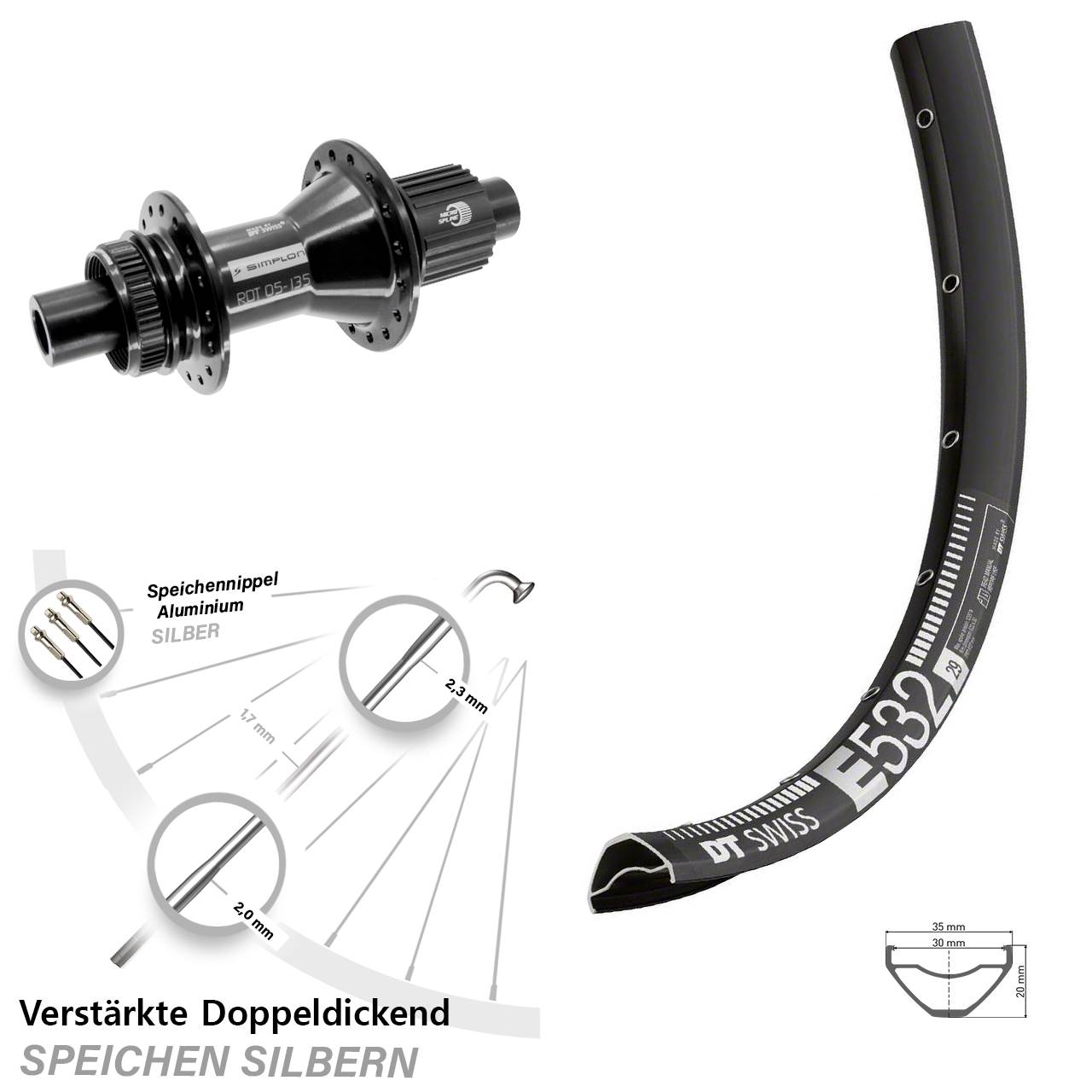 29 Zoll DT Swiss E 532 370 Hybrid Centerlock Hinterrad 12x142 Micro Spline