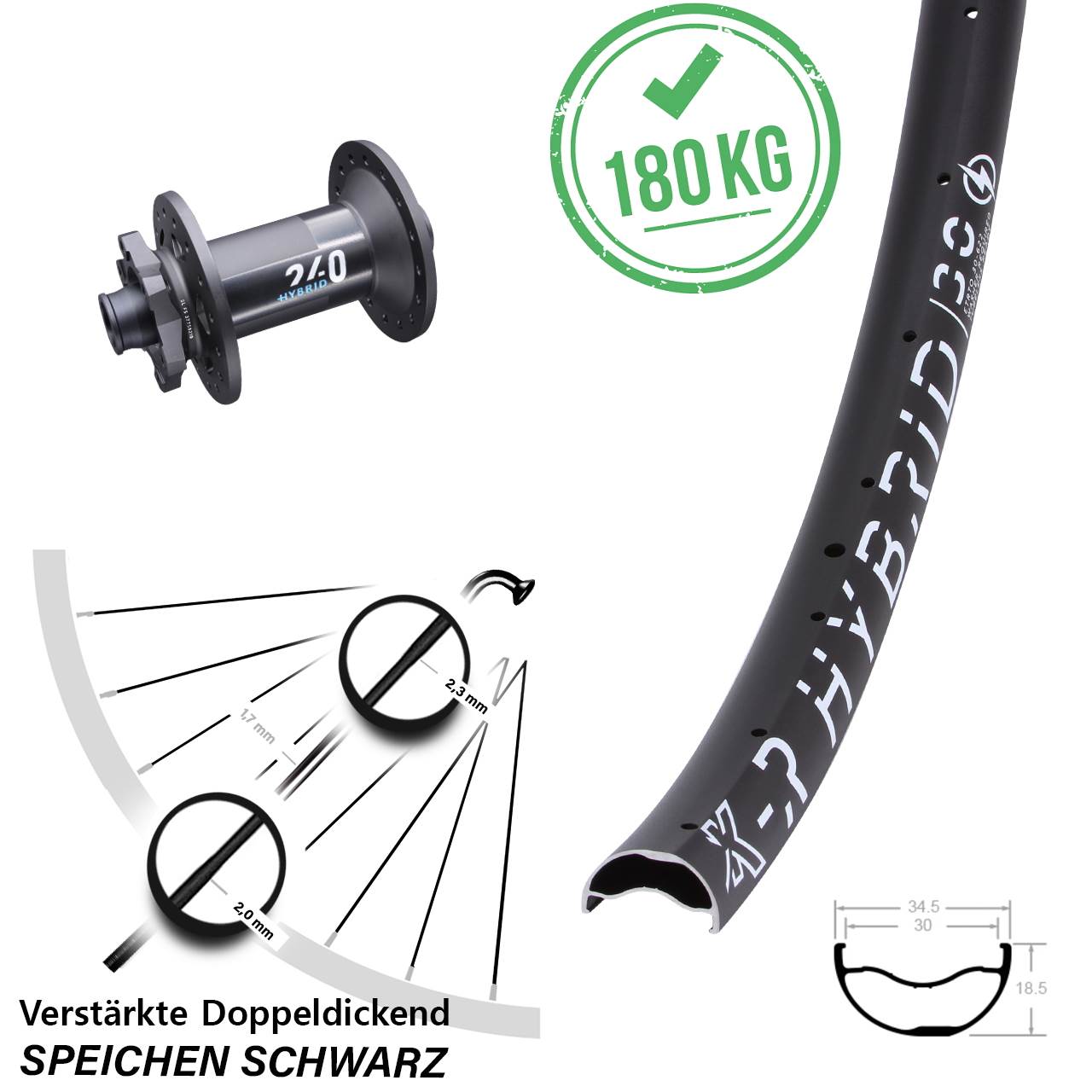29 Zoll DT Swiss 240 E-Bike Boost 6-Loch 15x110 mm KX-R Hybrid 30 Vorderrad leicht Premium