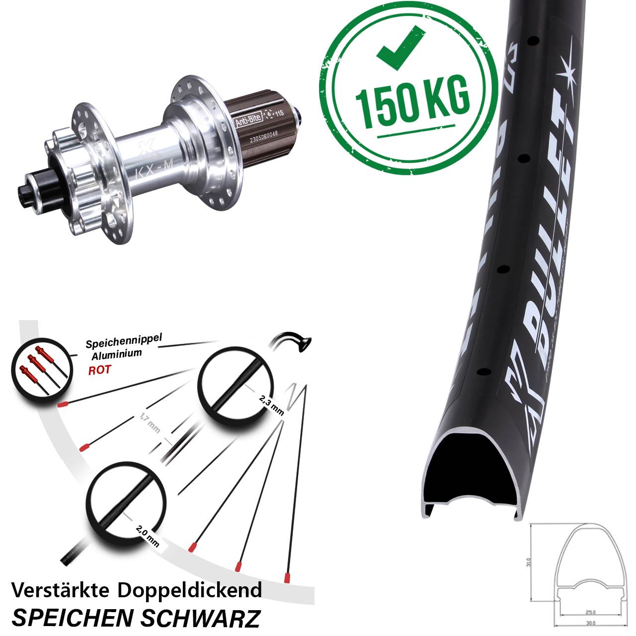 28-29 Zoll KX-M Bullet 6-Loch Hinterrad QR 8-12 fach HG